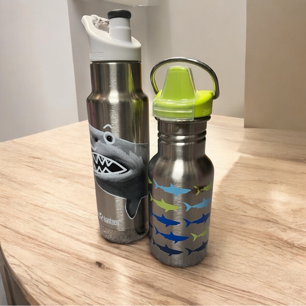 Klean Kanteen Kids Stainless Steel Water Bottle Combo 12&18 oz SHARK WEEK NWT